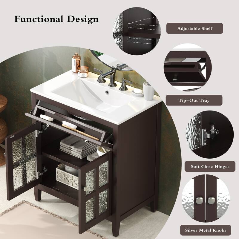 30" Storage Cabinet with Glass Doors, Bathroom Vanity with Ceramic Sink, Adjustable Shelf, Tip-Out Tray and Silver Metal Knobs