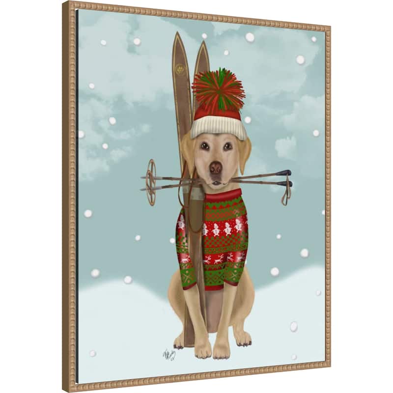 Yellow Labrador Skiing by Fab Funky (23 x 28 in.), Framed Canvas Wall Art Print - Sylvie Beaded Rustic Natural