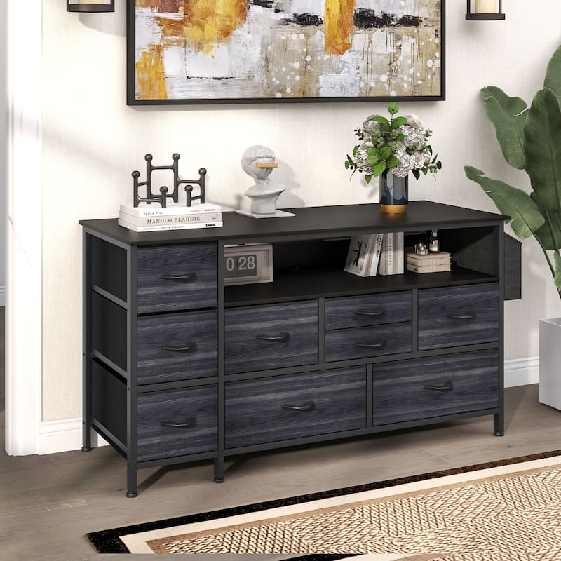Moasis 50"W 9-drawer Fabric Dresser, Media Console, TV Stand with Outlets, RGB Lights