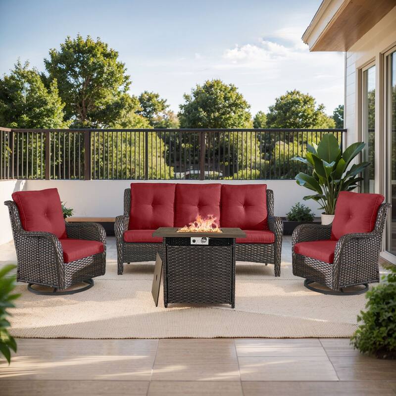 Gymojoy 4-Piece Outdoor Furniture Set, 2 Swivel Glider Chairs, 3-Seat Sofa & 55K BTU Fire Pit Table - Brown Wicker / Red Cusion - 4-Piece