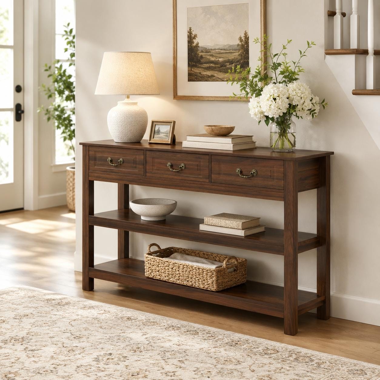 Homy Casa Walnut Console Table with Drawers and Storage Shelves for Entryway, Hallway, Sofa and Living Room