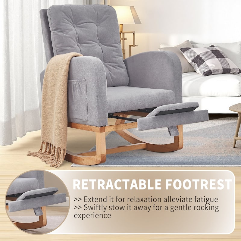 Javlergo Small Space Rocking Chair with Pull-Out Pedals Solid Wood Legs Glider Chair for Nursery with Two Side Storage Pockets