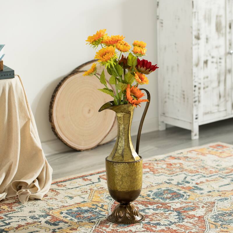 Decorative Antique Style 1 Handle Metal Jug Floor Vase - Vintage Inspired Rustic Design for Entryway, Living Room, Tall Vase