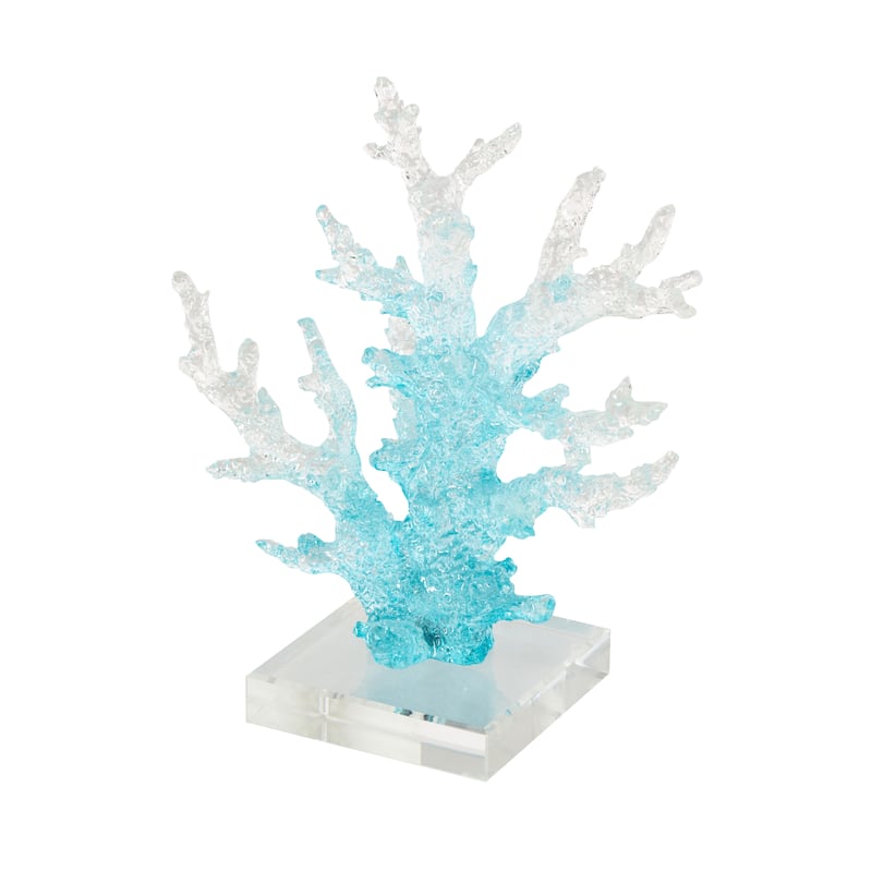 Blue Glass Ombre Coral Decorative Sculpture with Clear Square Base