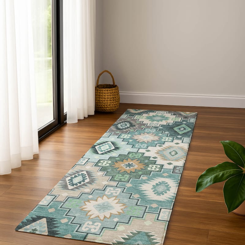 Premium Washable Super Soft Southwest Tribal Mayfield Rug - Teal - 2'3" x 7'6"