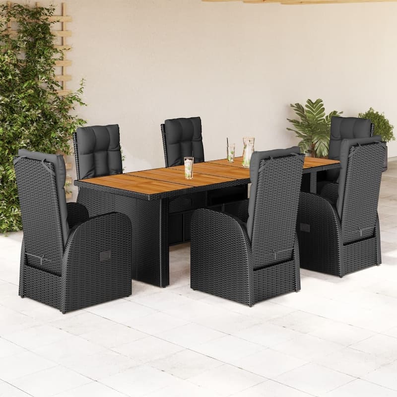 vidaXL Patio Dining Set with Cushions Outdoor Furniture Black Poly Rattan - 35.4 x 94.5 x 29.5 - Black-Chair/ Wood