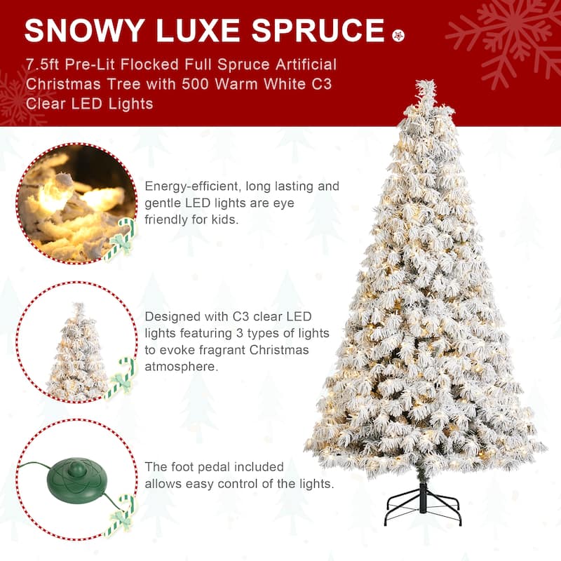 Glitzhome 6FT/7.5FT/9FT/11FT Snow Flocked Pre-lit Artificial Fir Christmas Trees