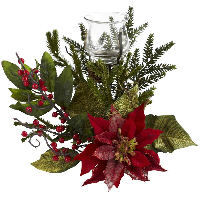 14" Poinsettia and Holly Berry Artificial Christmas Candelabrum