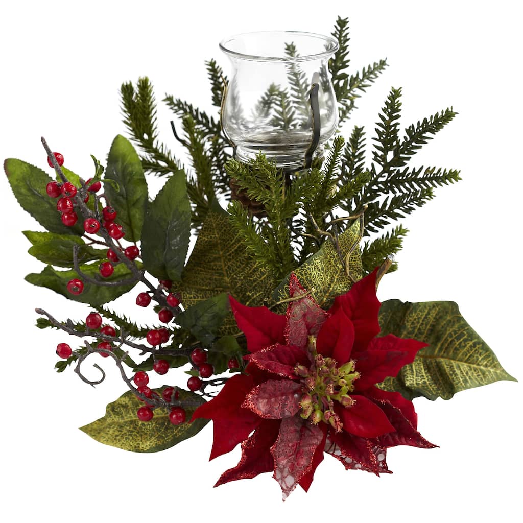 14" Poinsettia and Holly Berry Artificial Christmas Candelabrum