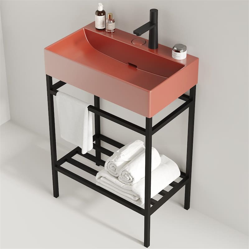 24" Bathroom Vanity Set with Ceramic Basin and Storage Shelves (No Faucet) - Red