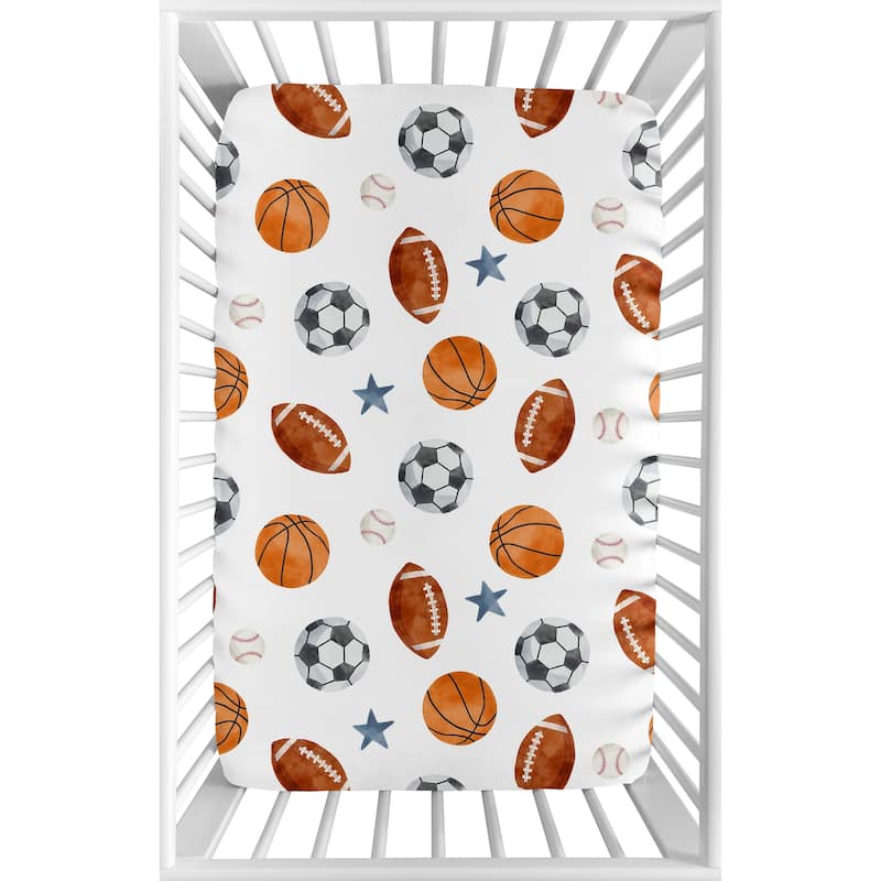 Sweet Jojo Designs Sports Theme Boy Fitted Mini Portable Crib Sheet Watercolor Vintage Soccer Balls Football Baseball Basketball