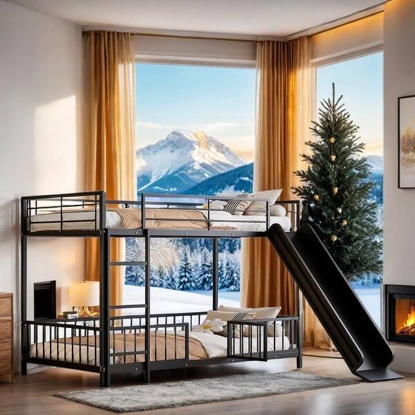 slide 2 of 12, Twin over Twin Size Metal Bunk Bed with Slide and Guardrails, Black Black