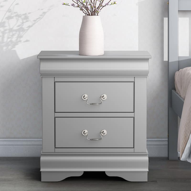 Modern Grey Solid Wood 2-Drawer Nightstand Bed Side Table