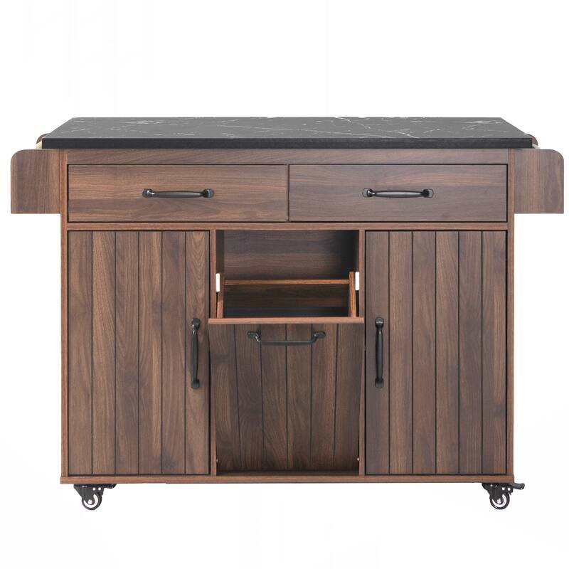 Kitchen Island with Trash Can Storage Cabinet, Kitchen Cart with Drop Leaf, Spice Rack