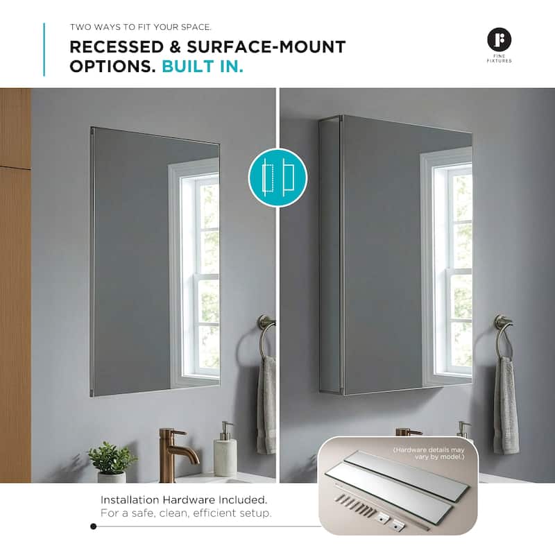 Bathroom Medicine Cabinet, Aluminum, Recessed/Surface Mount, Mirrored Interior w/LED