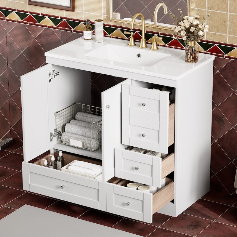 36" Shaker-Style Bathroom Vanity – Freestanding Cabinet with Ceramic Sink, 4 Soft-Close Drawers & 2 Doors‌ - White