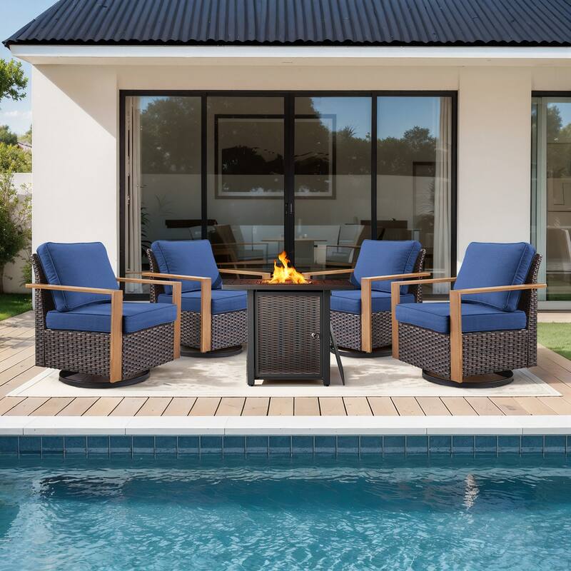 Meyreso 5-Piece Wicker Swivel Glider Metal Fire Pit Set with Plush 4.5" Olefin Cushions