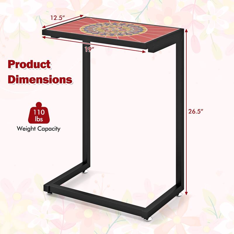 Gymax 2PCS Mosaic Outdoor C-Shaped End Table w/ Ceramic Tile Top