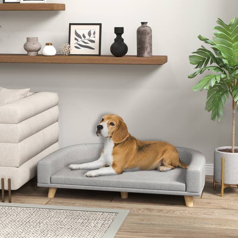 Elevated Dog Sofa with Removable Washable Cover Plush Gray Pet Couch Pine Wood Legs for Large Dogs - 38.6" W x 26.4" D x 9.8" H
