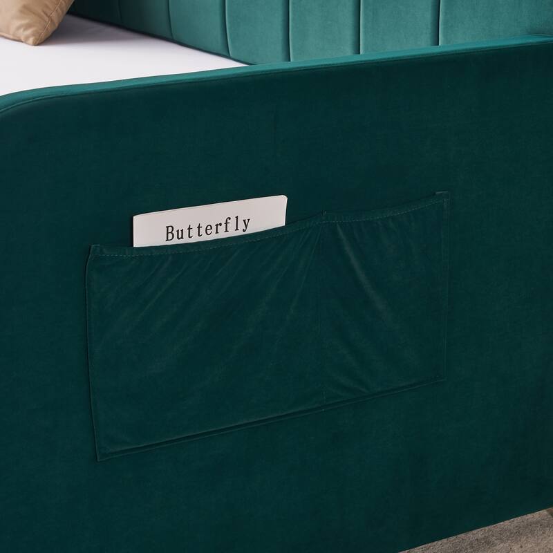 Twin Size Velvet Upholstered Daybed, Wood Sofa Bed Frame Daybed Couch with Trundle Bed and Wood Slat