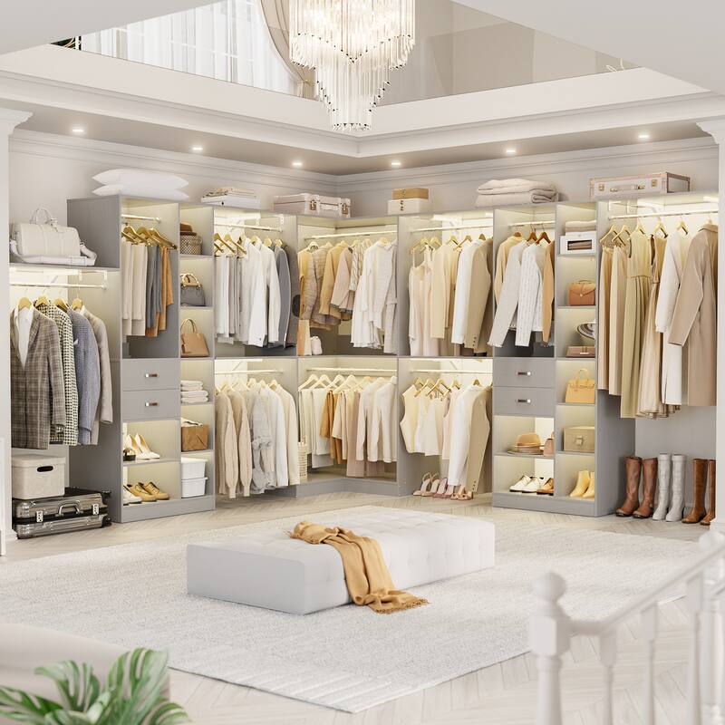 Navada 95'' - 188'' Closet System with Hanging Rods, Set of 3 Corner Closet Organizer with Drawers and Shelves - Grey