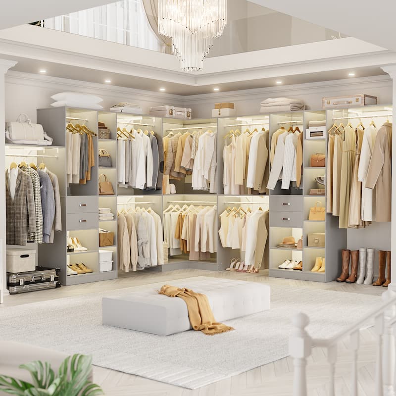 Rackcog 95'' - 188'' Closet System with Hanging Rods, Set of 3 Corner Closet Organizer with Drawers and Shelves