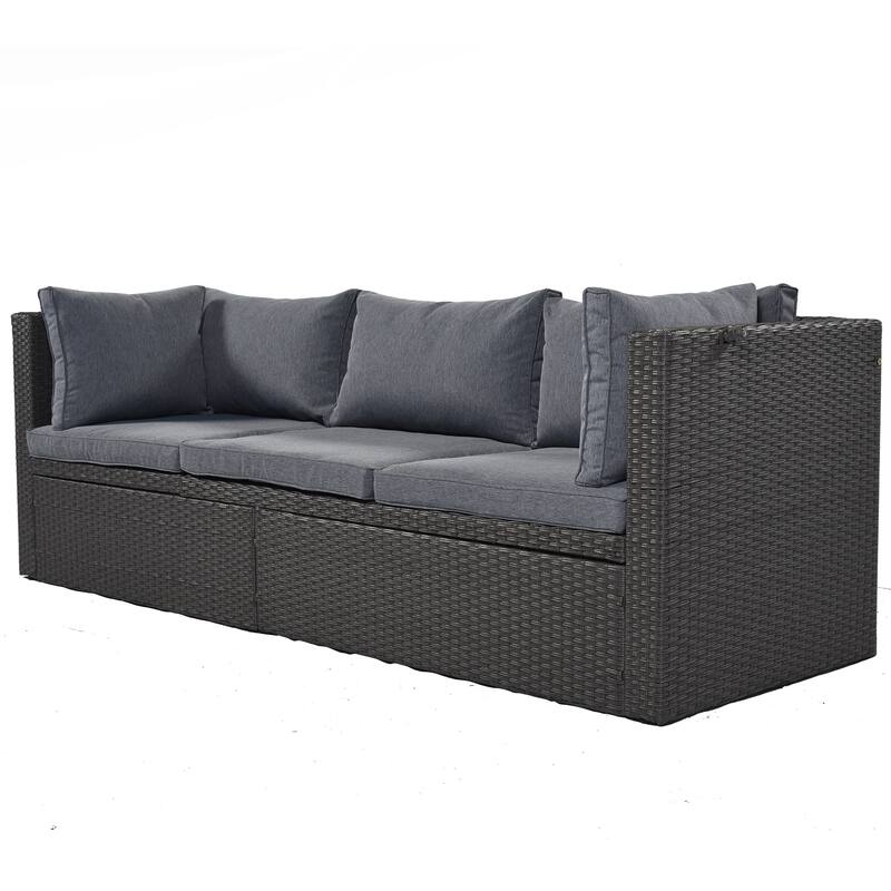 4 Pcs Patio Furniture Set, Outdoor Sectional Sofa Set, Rattan Daybed with Retractable Canopy, Coffee Table with Lifting Top