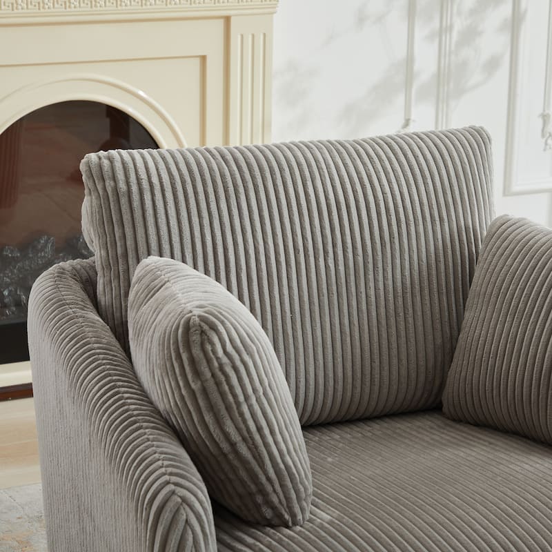 Corduroy Fabric Swivel Accent Chair, Oversized Round Armchair with 2 Thorw Pillows, Ergonomic Upholstered Lounge Sofa Chair