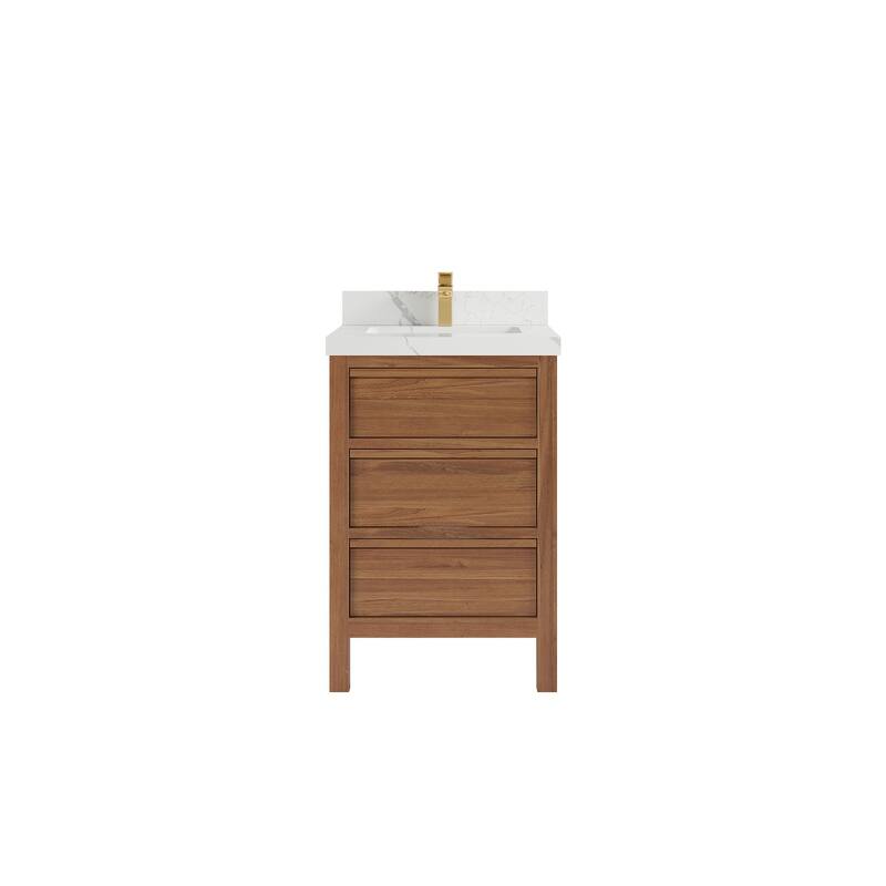 Willow Collections 24 x 22 Elizabeth Teak Single Bowl Sink Bathroom Vanity with Quartz or Marble Countertop - 2”Calacatta Laza