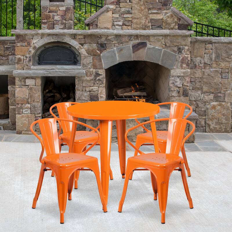 30'' Round Metal Indoor-Outdoor Table Set with 4 Arm Chairs - Orange