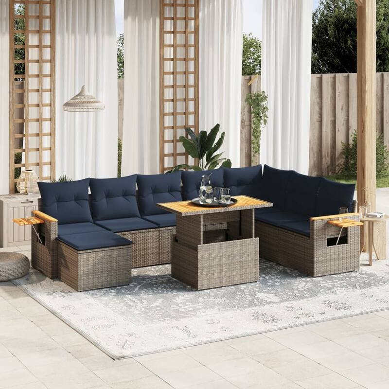 vidaXL Patio Sofa Set with Cushions Outdoor Furniture 9/10 Piece Poly Rattan - Grey - 21.7 x 24.4 x 27.2