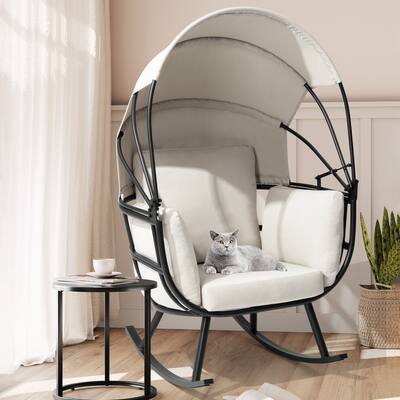 Outdoor Indoor Cushioned Rocking Egg Chair with Retractable Sun Shade Canopy