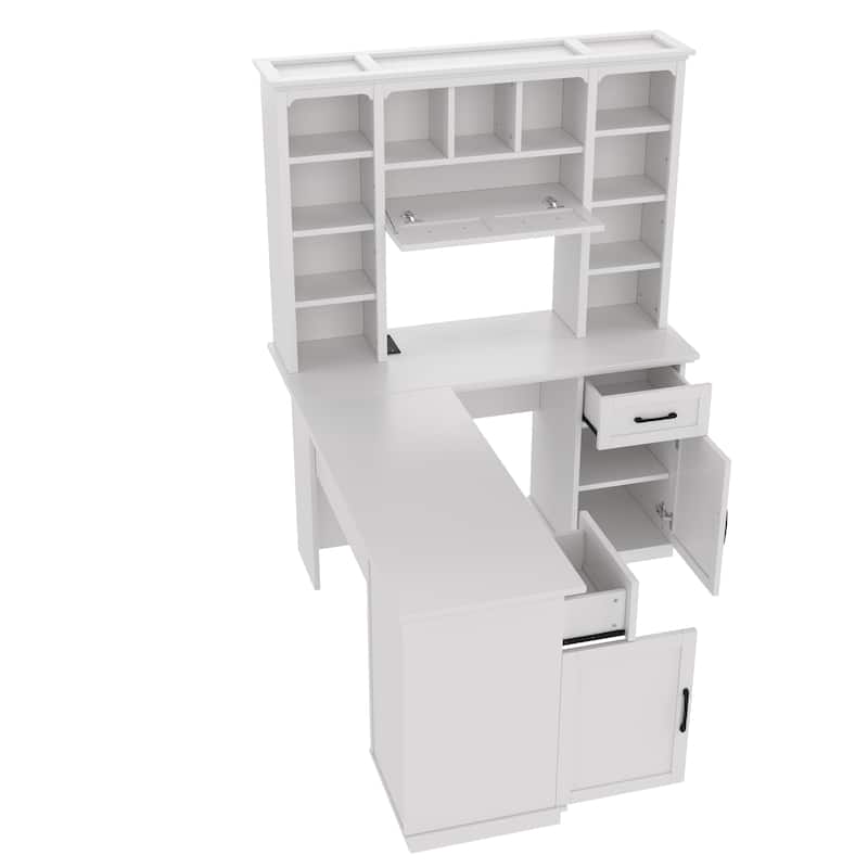 Computer Desk with 2 Cabinets, 2 Drawers & 11 Shelves, L-Shaped Corner Home Office Desk, Gaming Computer Desk with Power Outlet