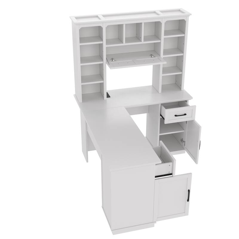 Roomfitters L-Shaped Computer Desk with Hutch, 2 Cabinets, 2 Drawers and 11 Open Shelves, with Power Outlet