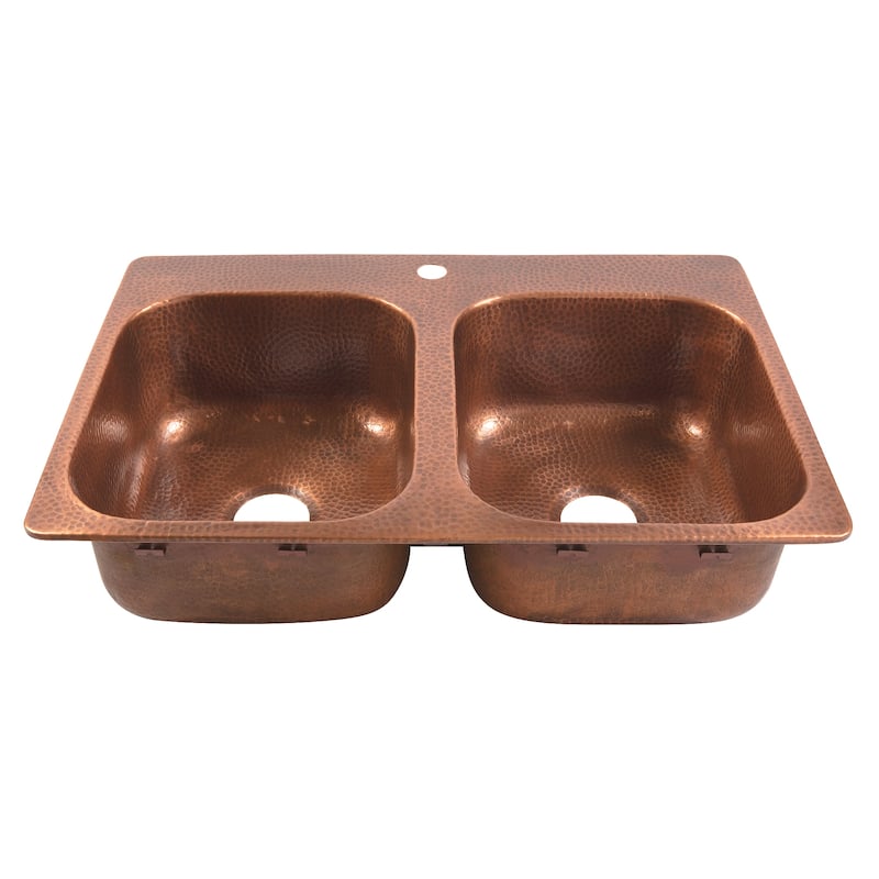 Angelico Copper 33" Double Bowl Drop-In Kitchen Sink with 1 Hole