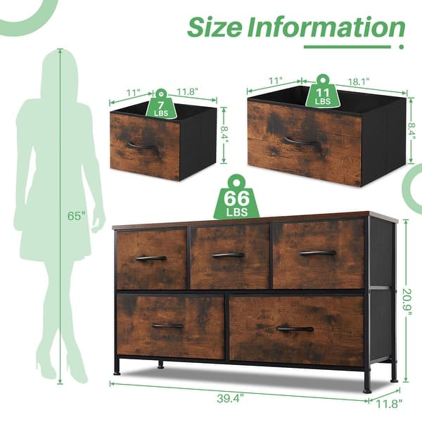 JHK 5-Drawer Fabric Dresser – Wide Storage Tower For Bedroom, Living Room, TV Stand