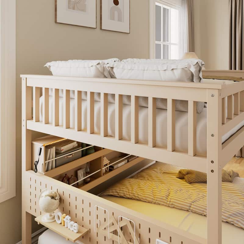 Full XL over Queen/Full over Full Bunk Bed with Integrated Shelving, Color-Changing Lights & Pegboard