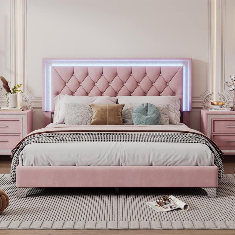 Upholstered Bed Frame with LED Lights
