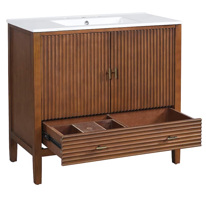 Christopher Knight Home - Mid-Century Freestanding Bathroom Vanity with Ceramic Sink, Flip-Up & Dual Drawers