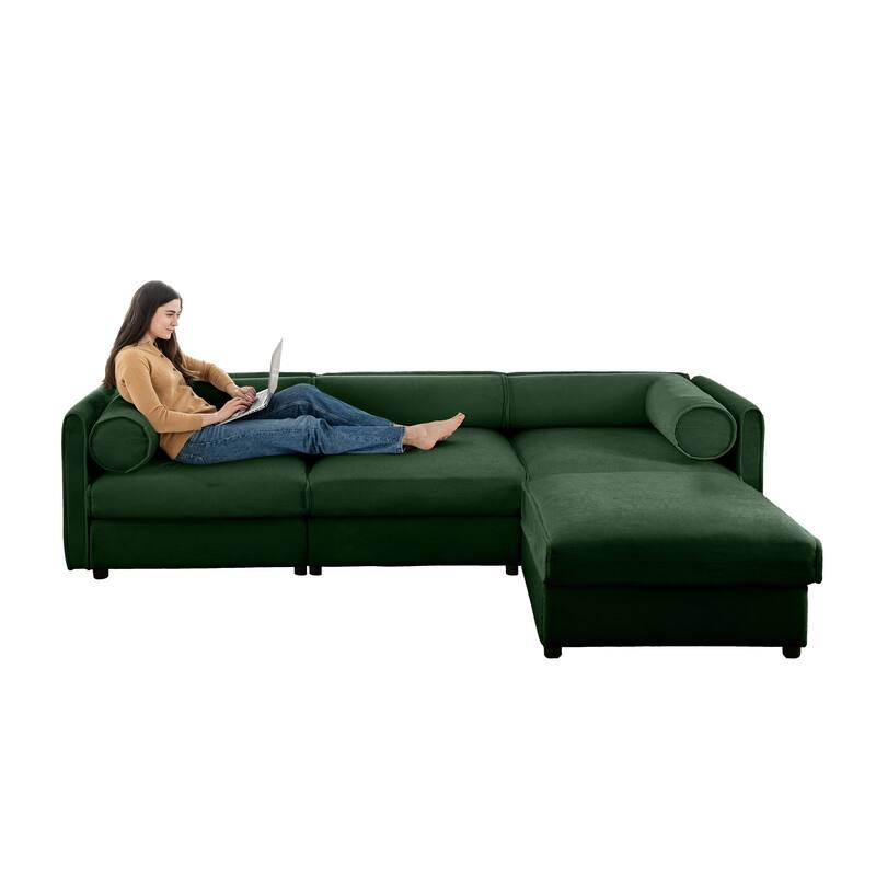 3 Seater L Shaped Sectional Sofa 109" Modular Couch with Storage Seat - Green+3 Seat+1 Ottoman