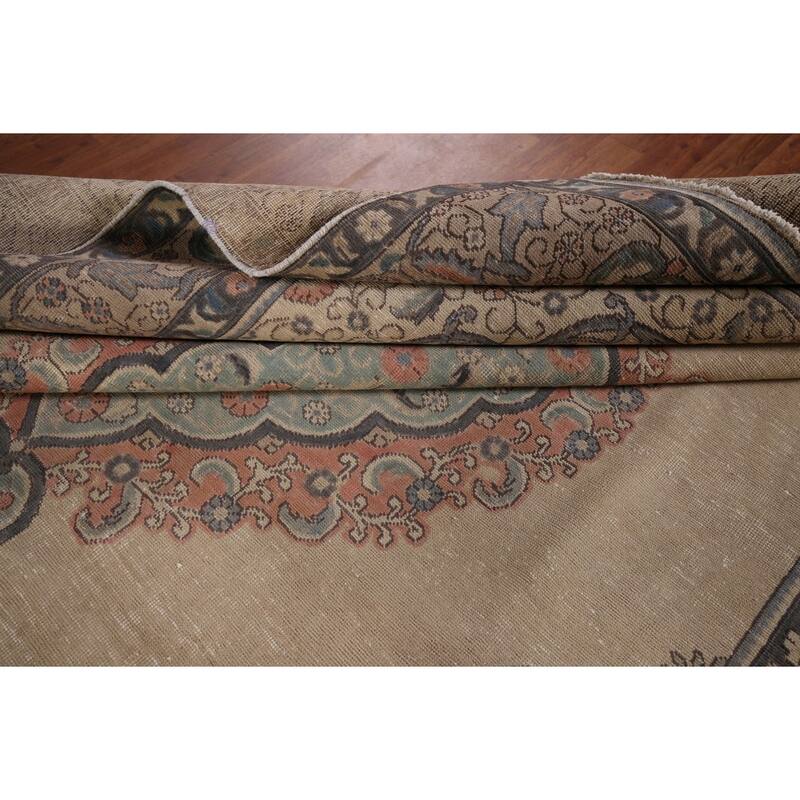 Distressed Tabriz Persian Vintage Area Rug Handmade Beige Wool Carpet - 7'10" x 11'1"