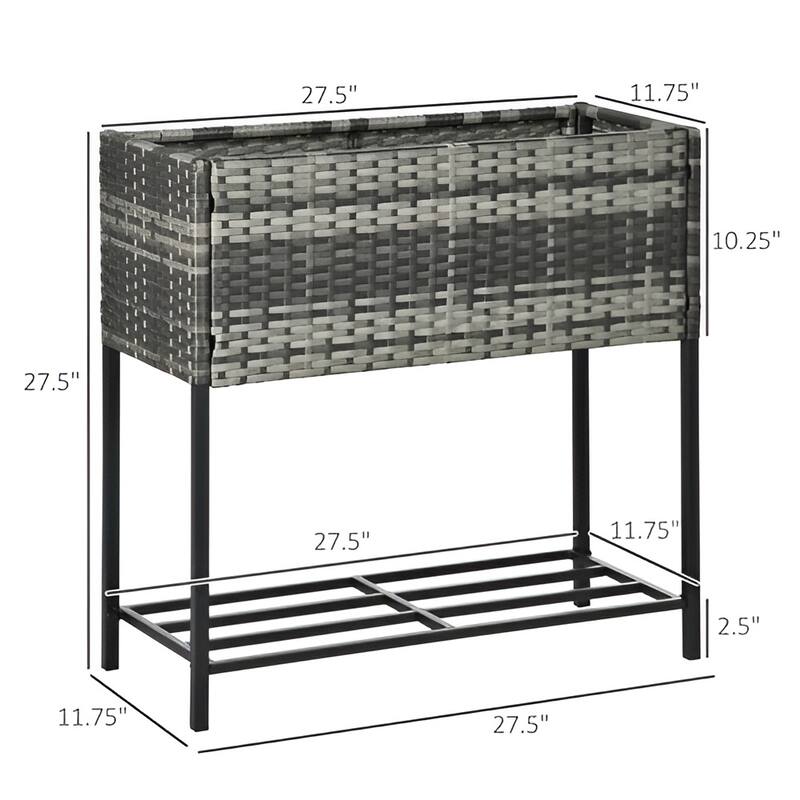 Rattan Steel Elevated Raised Planter Box with Storage Shelf - 27.5" L x 11.75" W x 27.5" H