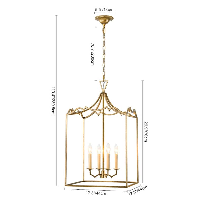 Vintage 4-Light Candle Aged Gold Iron Square Cage Pendant Lantern