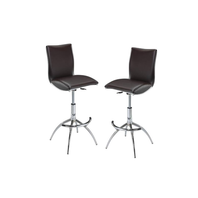 HomeRoots Set of Two Brown and Silver Metal and Faux Leather Low Back Adjustable Height Bar Chairs