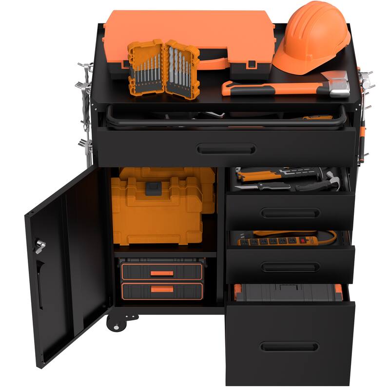 34.3" Mobile Tool Storage Cabinet - Garage Organizer with Lockable Compartment & 4 Drawers, Rolling Steel Chest