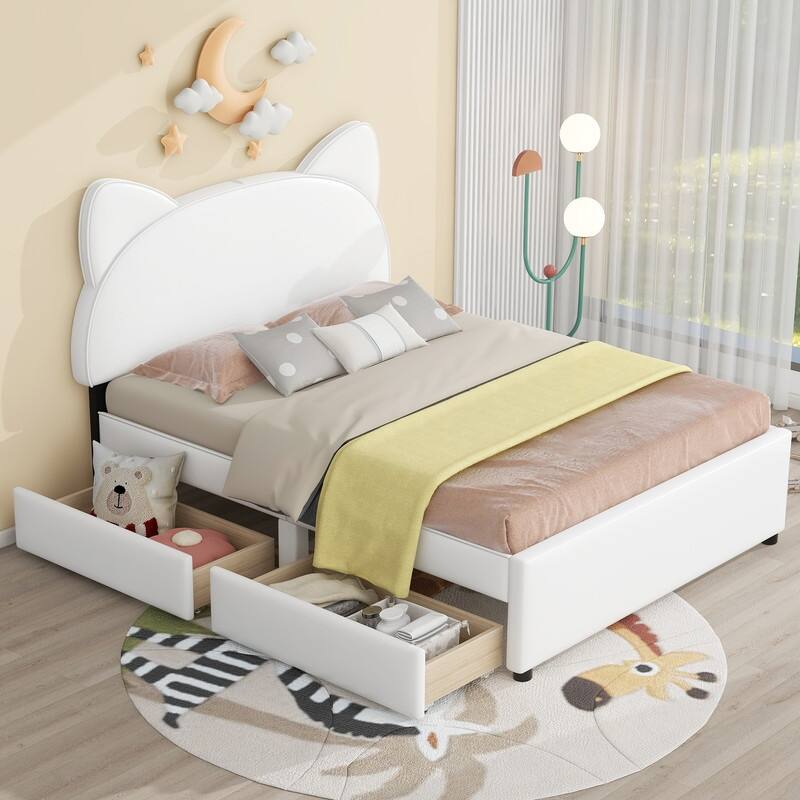 Full Size Upholstered Platform Bed with Ears Shaped Headboard,2 Drawers