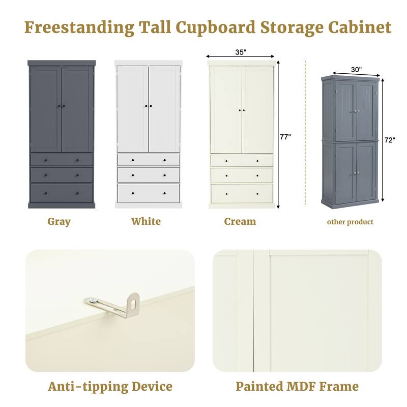 Kitchen Pantry Cabinet with 8 Doors Shelves, Wood Storage Cabinet with 3 Storage Drawers, Cupboard with Adjustable Shelves