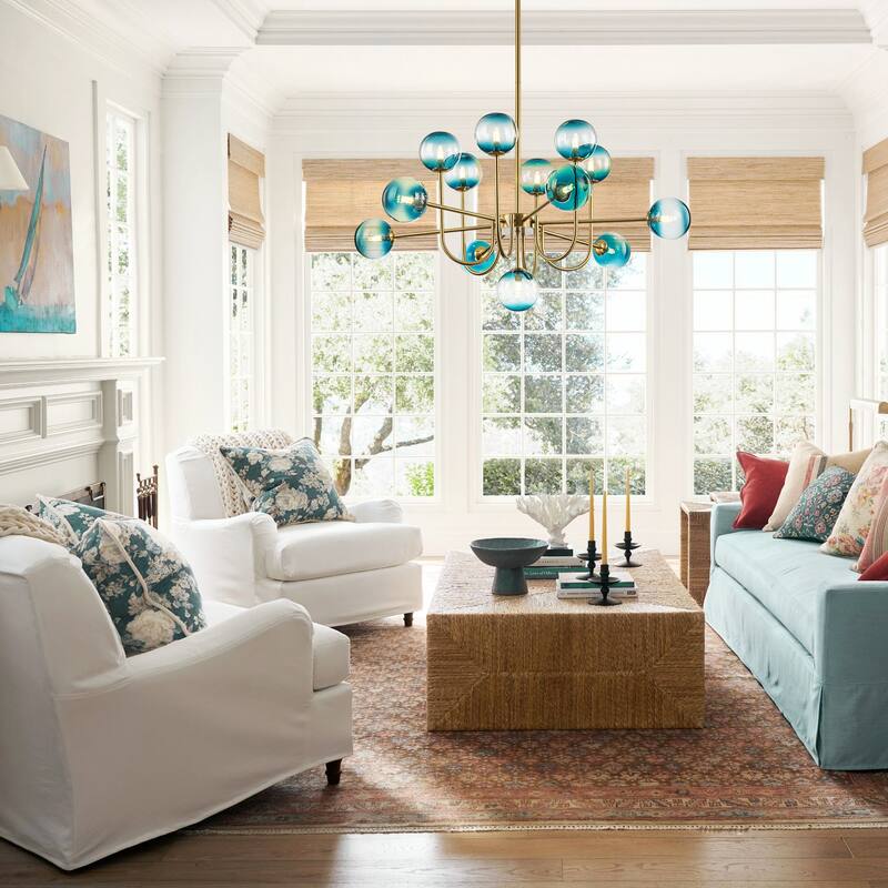 13-Light Mid-Century Modern Gold/Black Linear Sputnik Gradient Blue Glass Globe Bubble Chandelier for Living Room