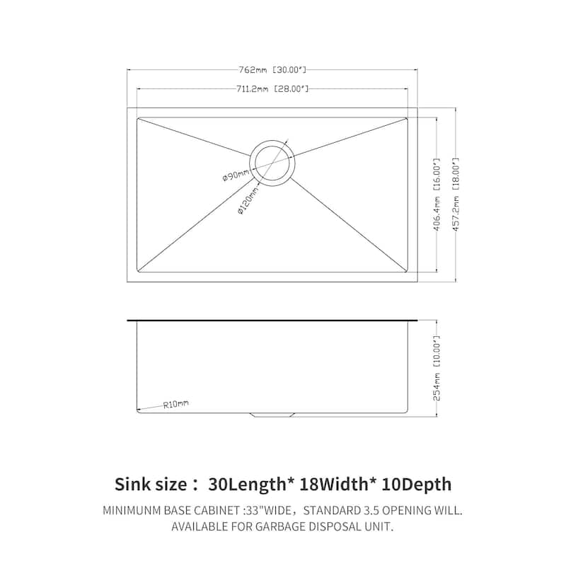 30/32 In. Undermount Single Bowl 16 Gauge Brushed Nickel Bowl Stainless Steel Kitchen Sink Basin