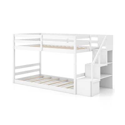 Twin Over Twin Low Bunk Bed with Storage Stairs, Floor Bunk Bed Frame